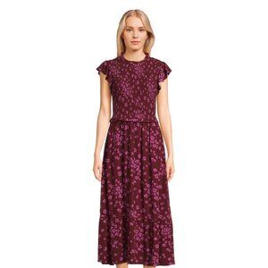 Time and Tru Smocked Bodice Midi Dress w/Flutter Sleeves maroon/pink floral XL